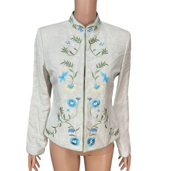 Kate Hill Womens Beige Linen Mandarin Top Jacket SZ 6 Floral Embroidered Lined - Picture 1 of 7